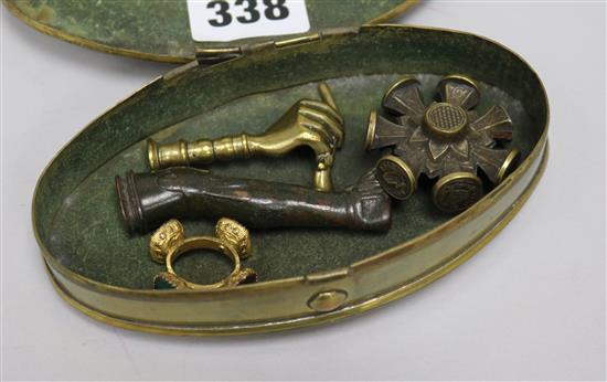 Two novelty seals and two others and a brass box